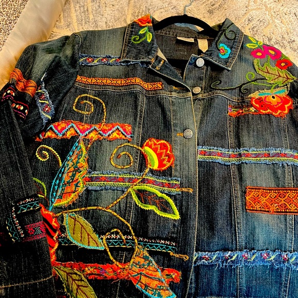 Chico's Jackets & Blazers - Chico's Embroidered Dark Blue Denim Jacket with Multicolor Floral Accents
